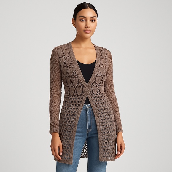 VTG Bette Paige,Crochet Long Duster in Walnut, Cardigan,Boho,Rare, EUC, Size L - Picture 3 of 14